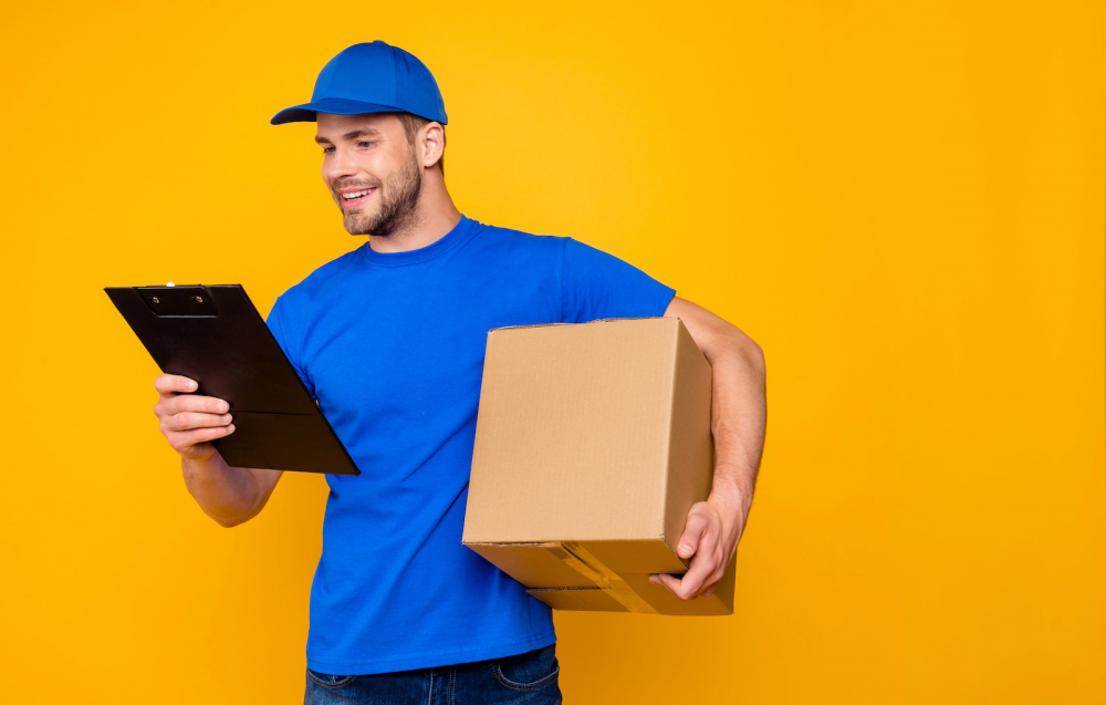 Next delivery. Почтальон бородатый. переезд стоковые фото. next day delivery.