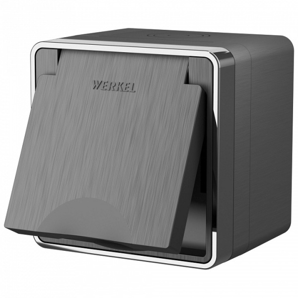 Розетка влагозащищенная с заземлением и шторками Werkel  WL15-02-04 (графит рифленый)