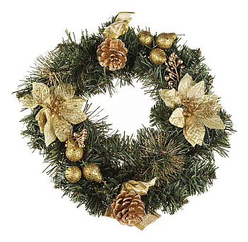 Венок хвойный (25 см) С золотыми пуансеттиями 161-121